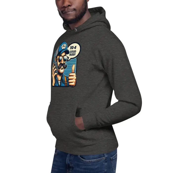 Gray hoodie with cartoon graphic.