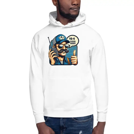 White hoodie with cartoon graphic.