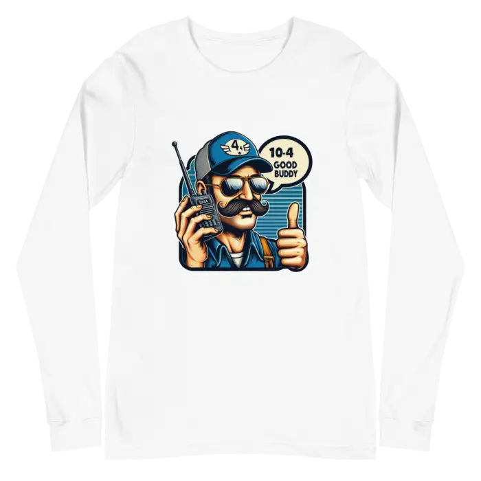White long-sleeved shirt with cartoon graphic.