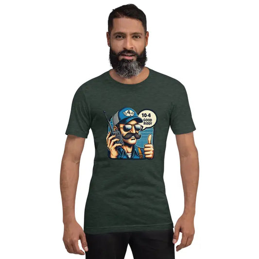 Dark green t-shirt.