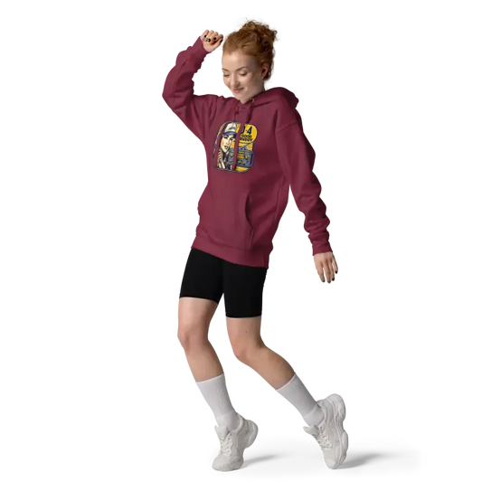 Burgundy hoodie with graphic.