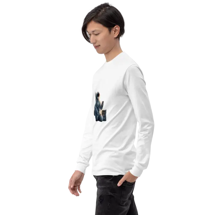 White long-sleeved shirt with graphic.