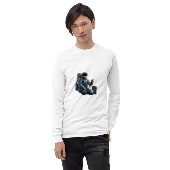 White long-sleeved shirt with astronaut graphic.