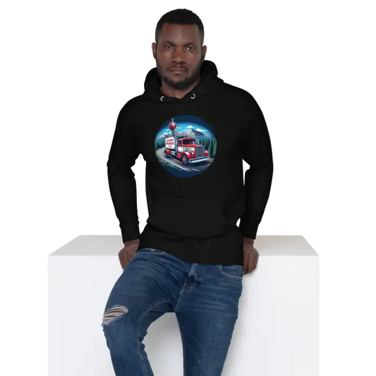 Black hoodie with truck graphic.