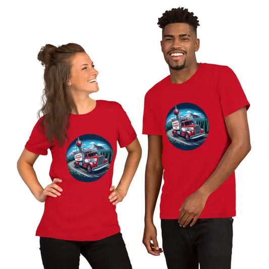 Matching red t-shirts.