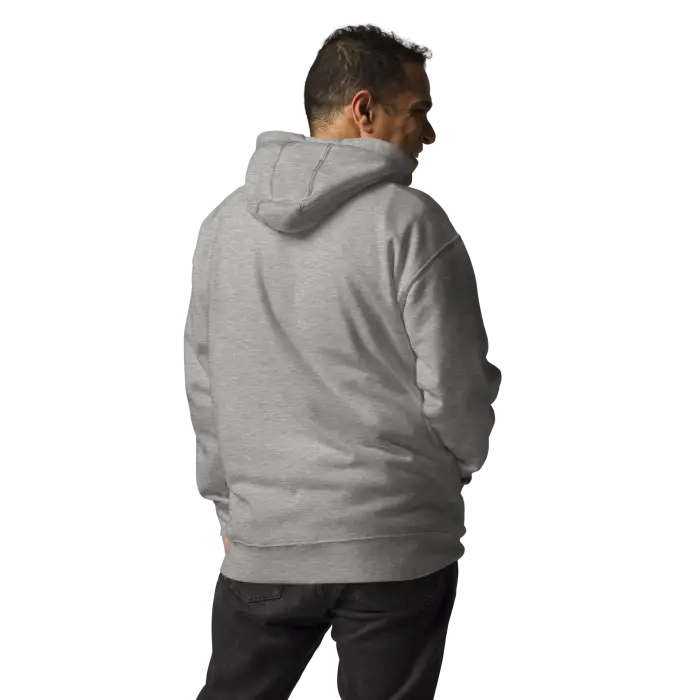 Gray hooded sweatshirt.