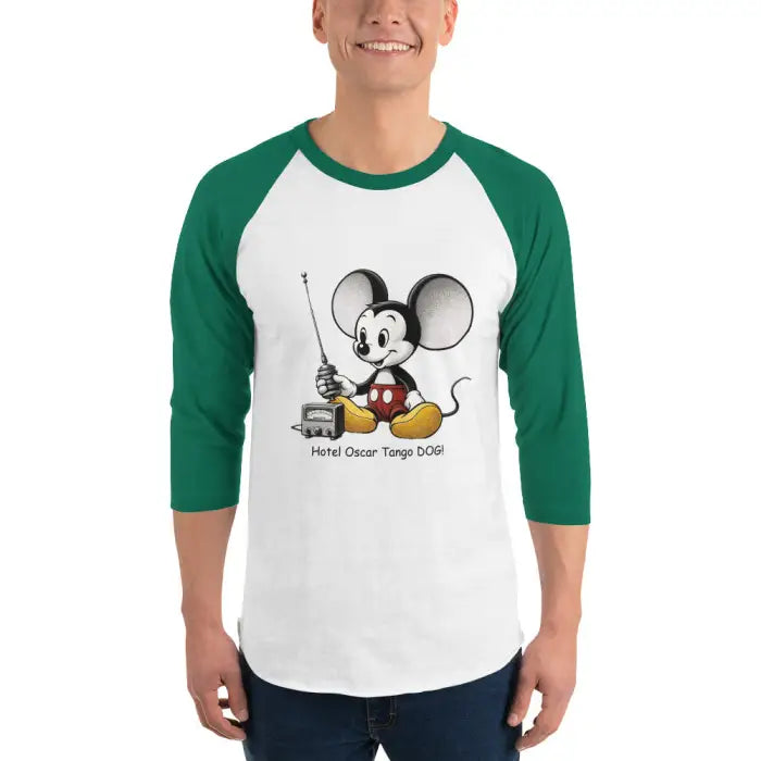 Green and white baseball tee.