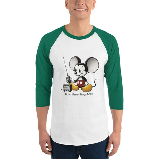 Green and white baseball tee.
