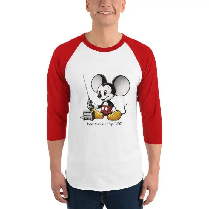 Red and white baseball tee with cartoon mouse.