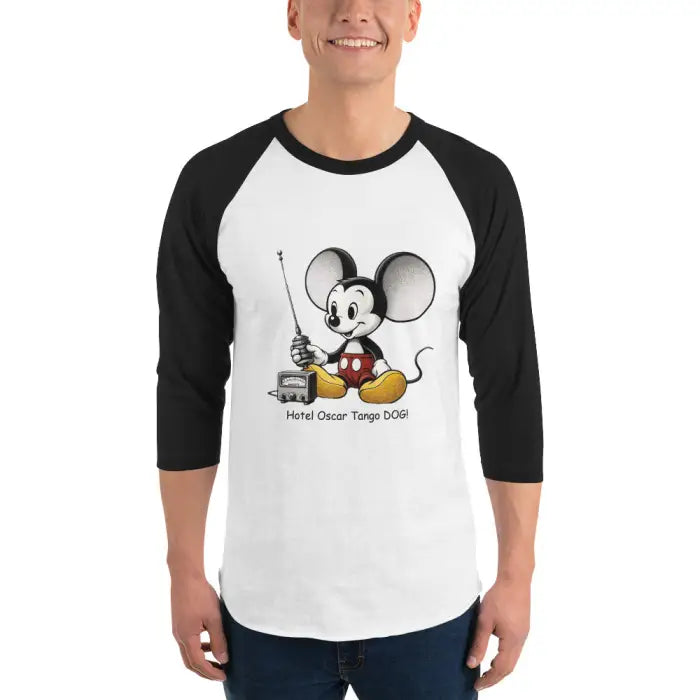 Black and white raglan shirt with cartoon mouse.
