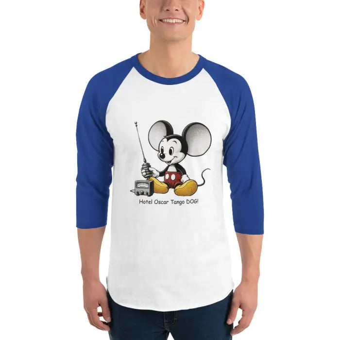 Blue and white raglan shirt.
