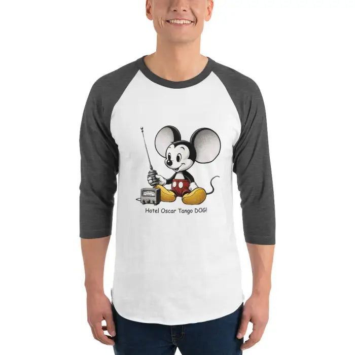 Gray and white baseball tee with cartoon mouse.