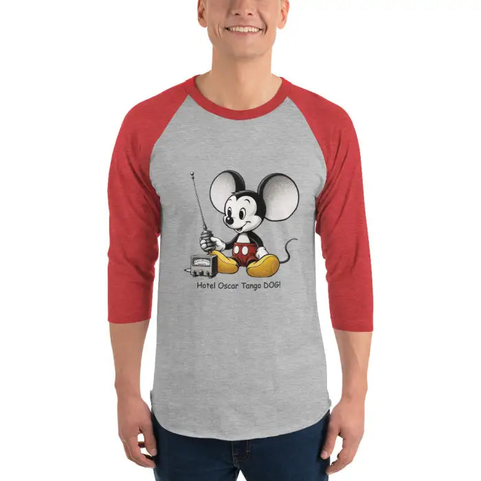 Gray and red raglan shirt.