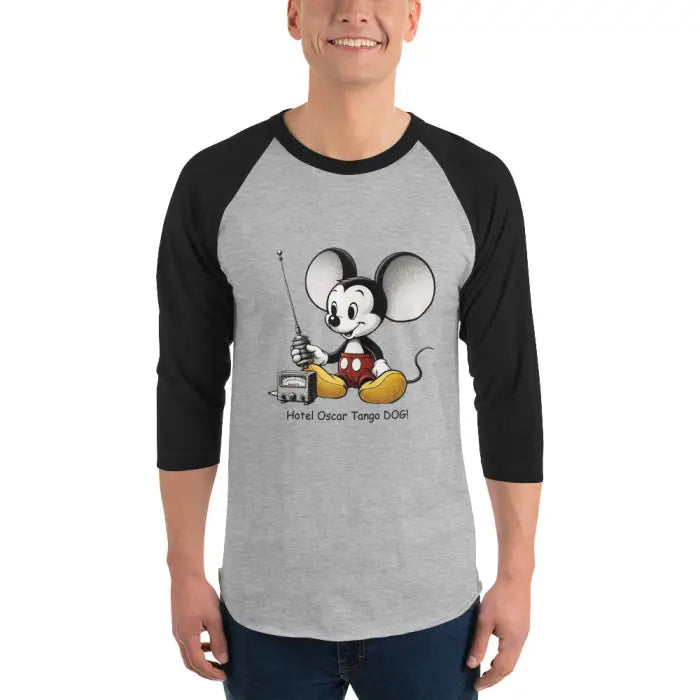 Gray and black baseball tee.