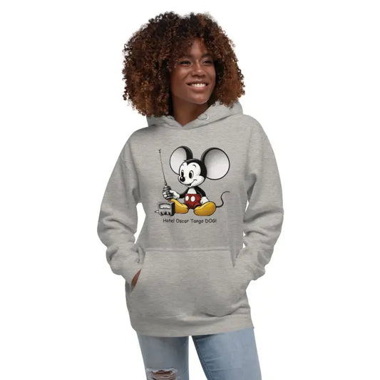 Gray hoodie with cartoon mouse.