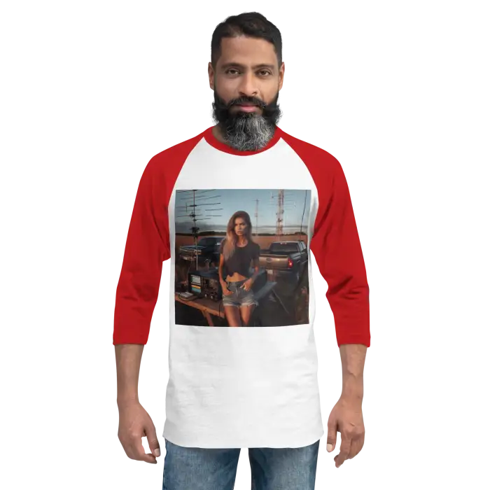 Red and white baseball tee.