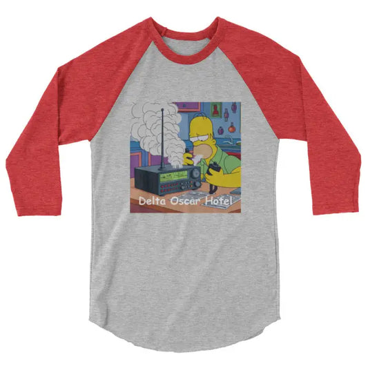 Red and gray baseball tee with cartoon graphic.