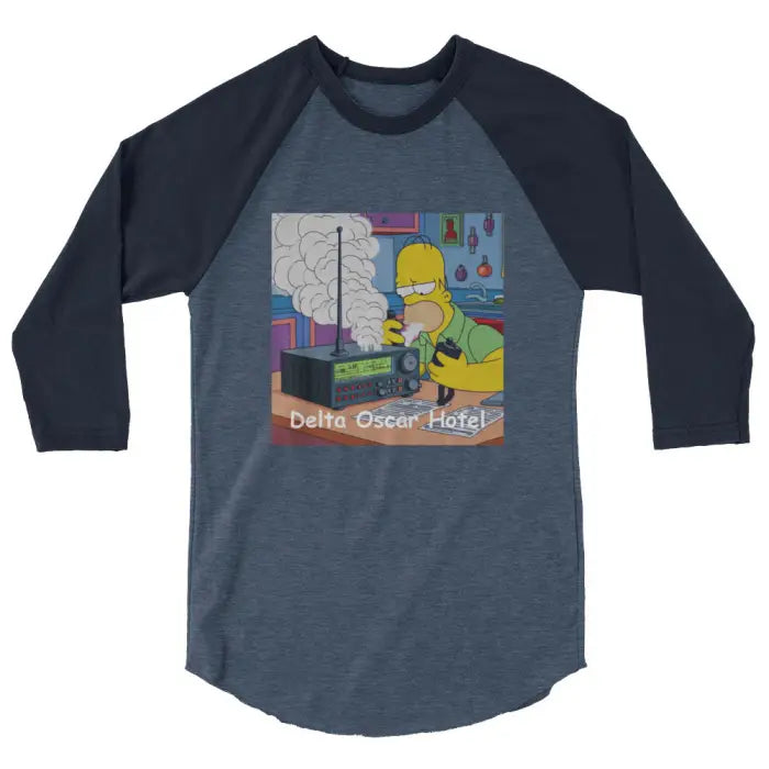 Raglan sleeve t-shirt with cartoon graphic.