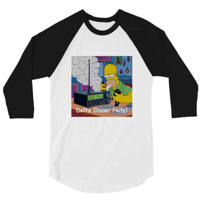 Black and white baseball tee with cartoon graphic.
