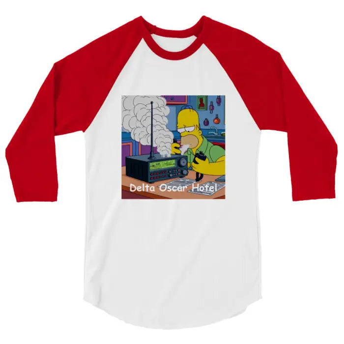 Red and white baseball tee with cartoon graphic.