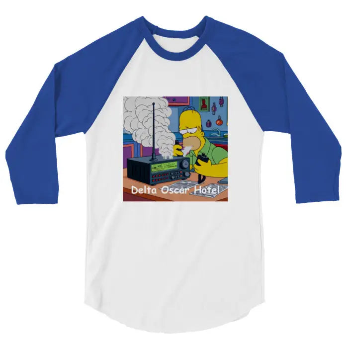 Blue and white raglan shirt.