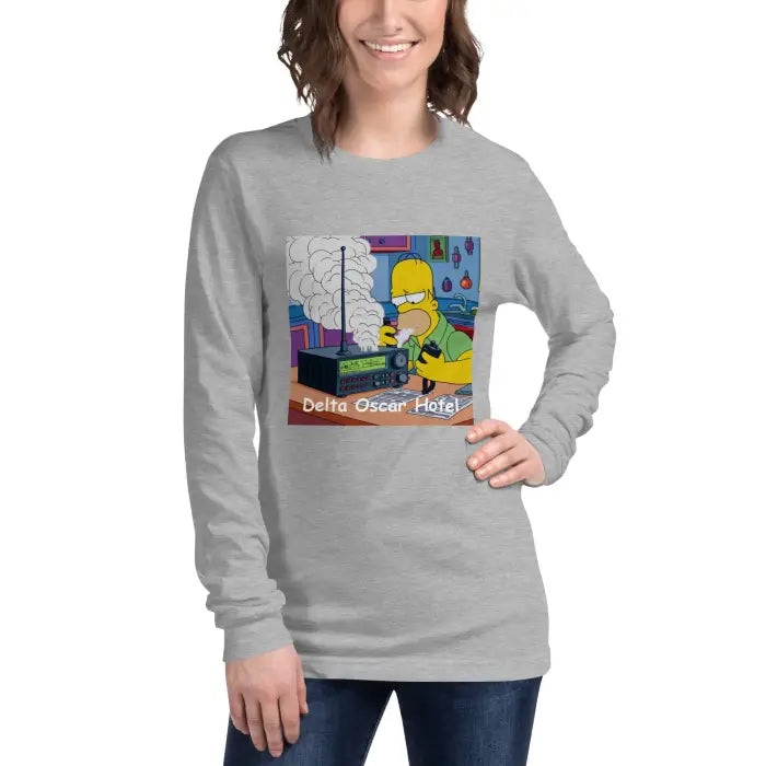 Gray long-sleeved shirt with cartoon.