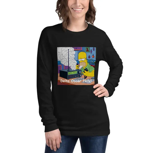 Black long-sleeved shirt with cartoon graphic.