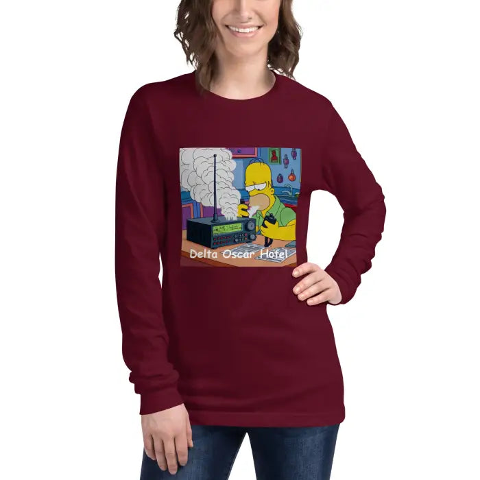 Maroon long-sleeved shirt with cartoon graphic.