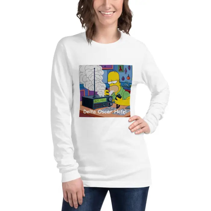 White long-sleeved shirt with cartoon graphic.