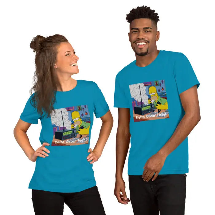 Matching blue t-shirts with cartoon graphic.
