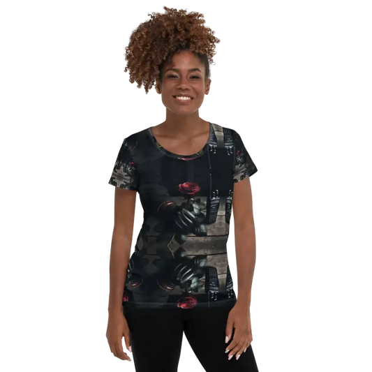 Woman wearing a patterned t-shirt.