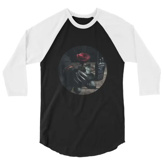 Black and white raglan shirt with rose and walkie-talkie graphic.