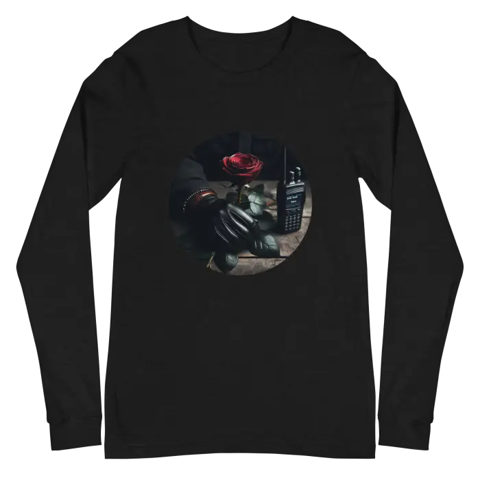 Black sweatshirt with rose and walkie-talkie graphic.