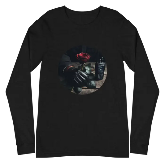 Black sweatshirt with rose and walkie-talkie graphic.