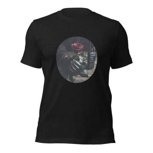 Black t-shirt with rose and walkie-talkie graphic.