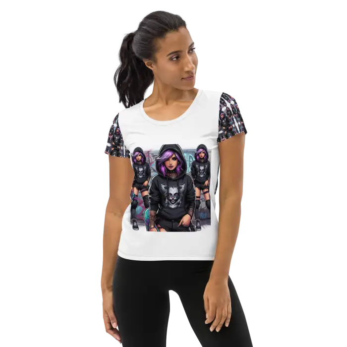 Woman’s t-shirt with anime-style graphic.