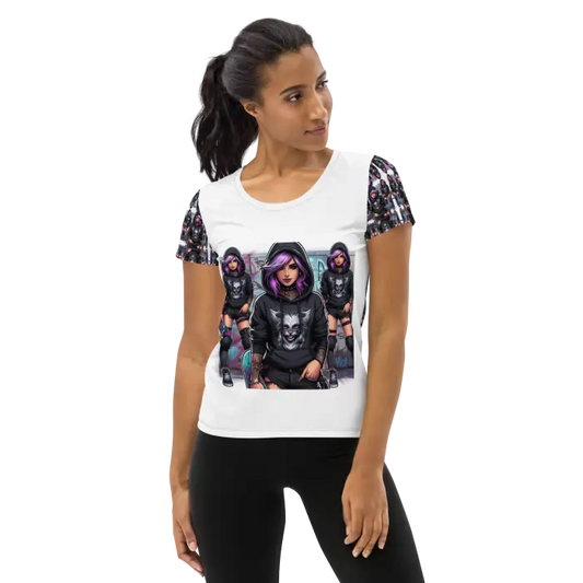 Woman’s t-shirt with anime-style graphic.