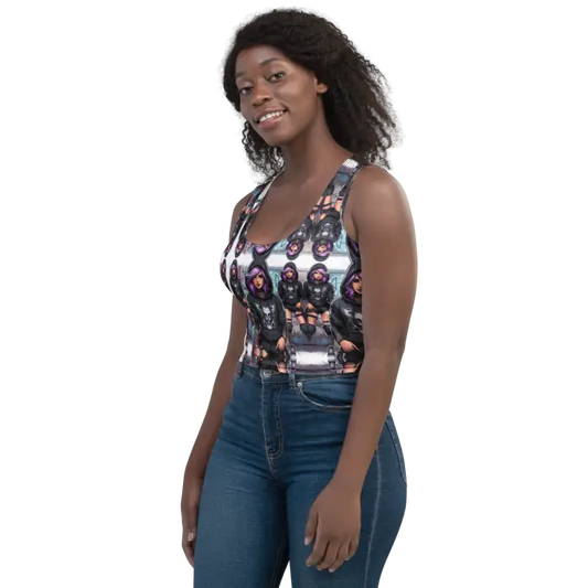 Woman wearing patterned tank top and jeans.