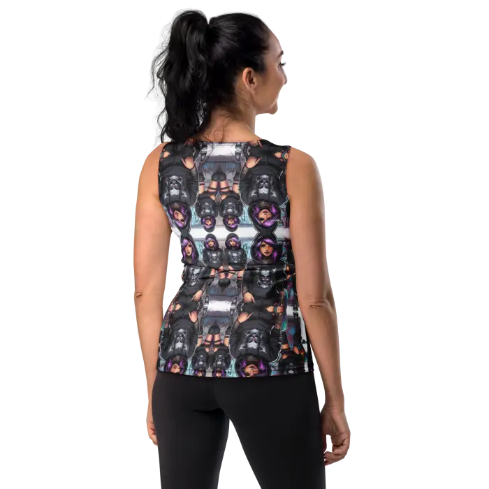 Woman’s patterned sleeveless top.