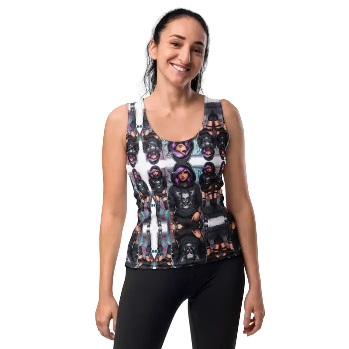 Woman wearing a patterned tank top.