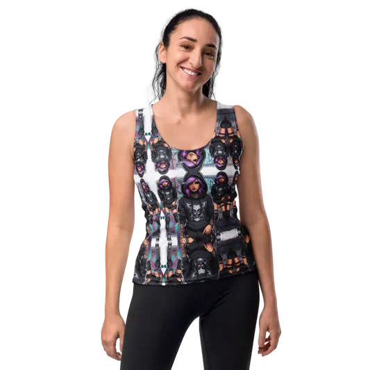 Woman wearing a patterned tank top.