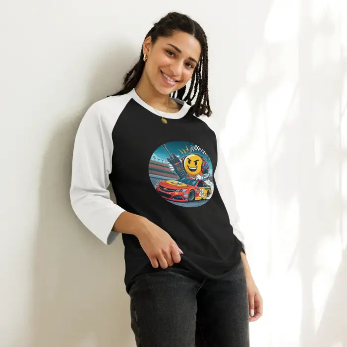 Black and white raglan shirt with racing emoji design.