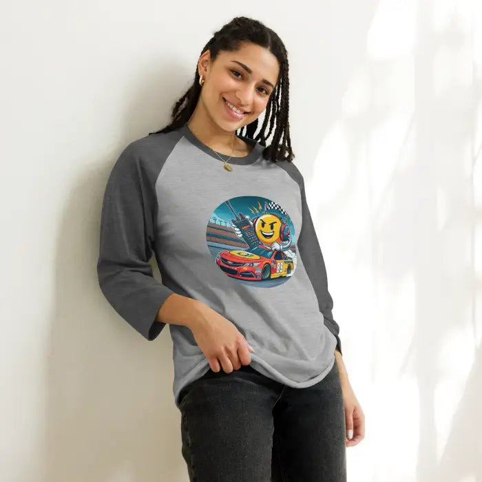Gray and black raglan shirt with racing graphic.