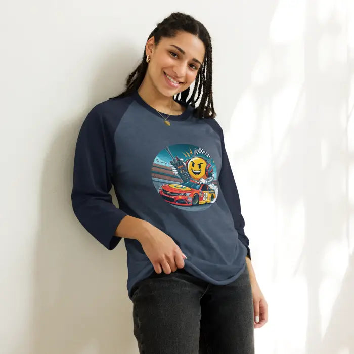 Navy blue baseball tee with racing graphic.