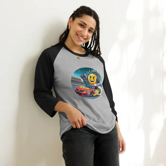 Gray and black raglan shirt with a racing emoji design.