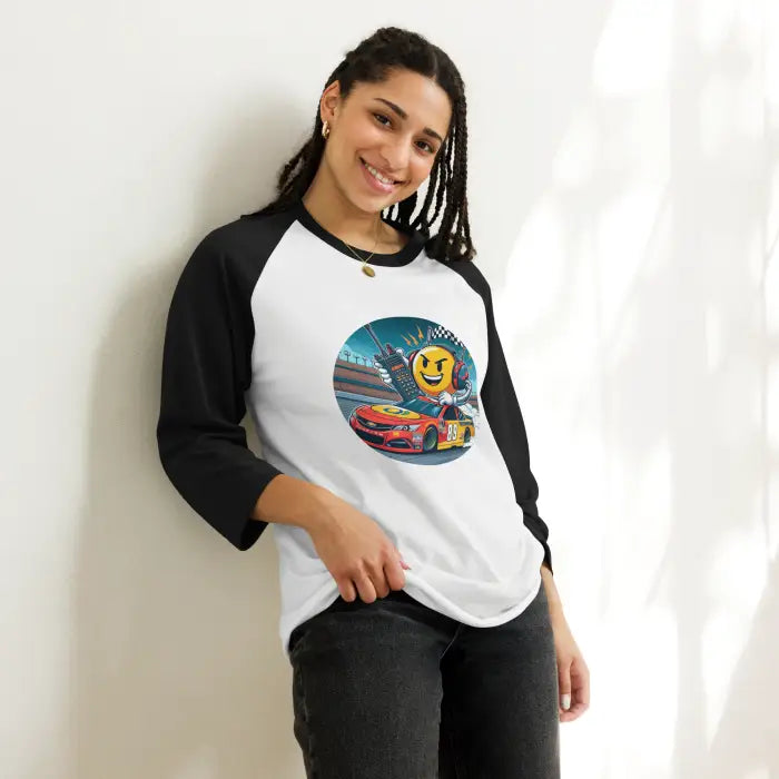 Black and white raglan shirt with racing graphic.