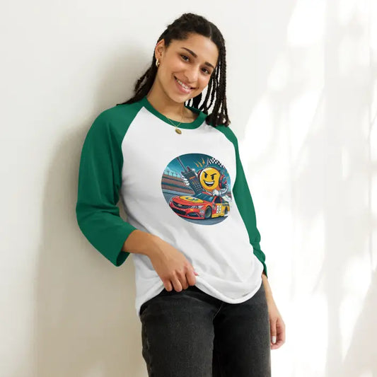 Green and white raglan shirt with racing graphic.