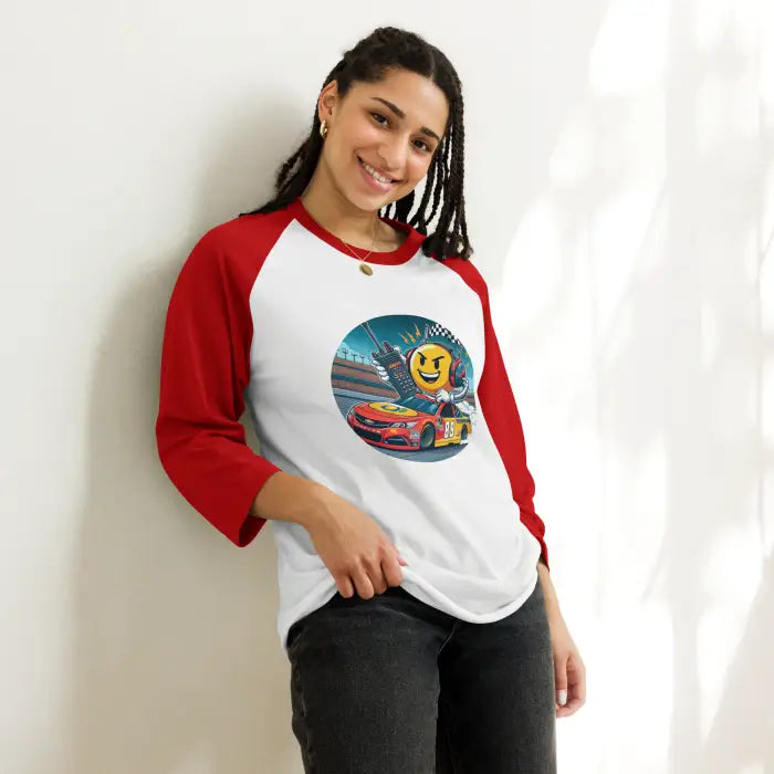 Red and white raglan shirt.