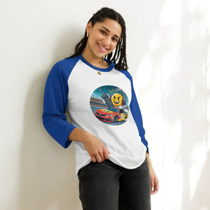 Blue-sleeved baseball tee with racing graphic.