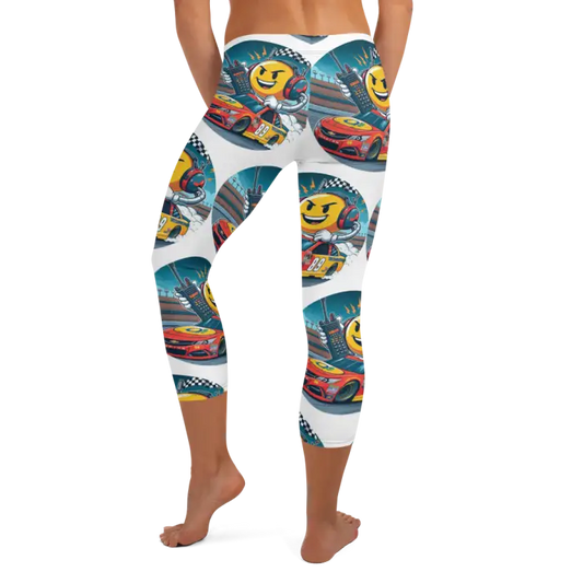 Capri leggings with racing-themed cartoon print.
